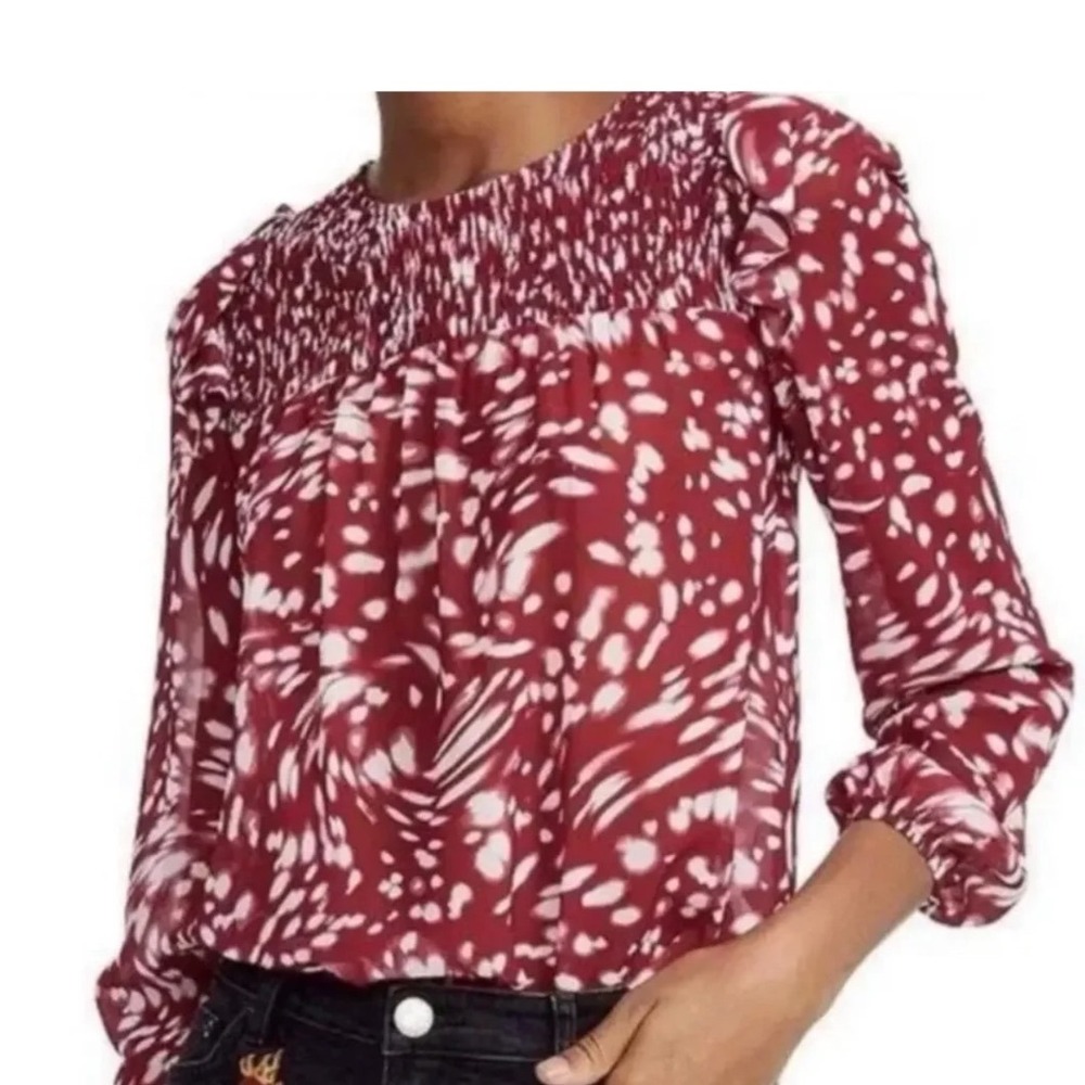 Maje Lipone Smocked Blouse Sz 1 Red Abstract Swirl Smocked French Style Chic